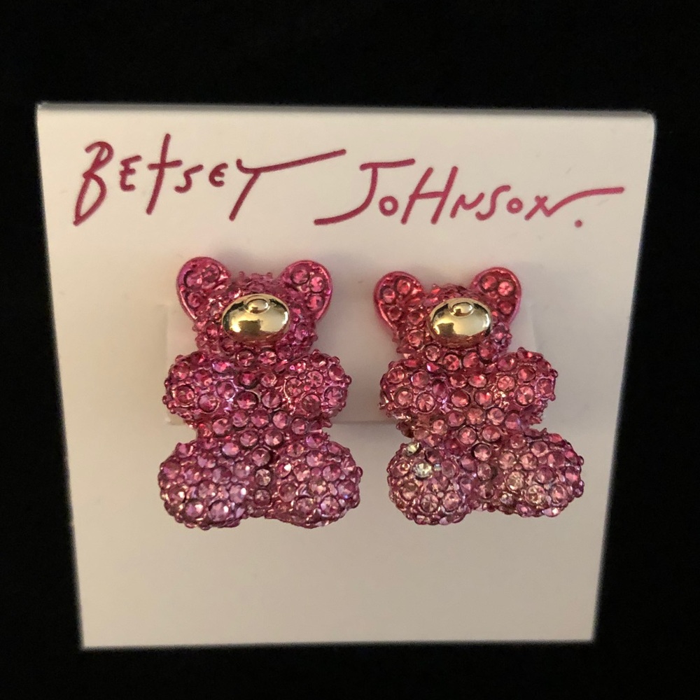 Betsey Johnson Pink Metallic Crystal Encrusted Teddy Bear Drop Earrings NWT